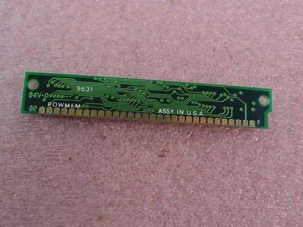 Micron MT4C4M4B1DJ-6 30-pin SIMM — back of PCB showing POWMEM label, 94V-0 rating, Assy in U.S.A. marking, and 30 gold edge contacts