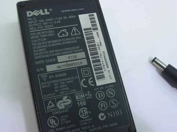 Dell PA-3 55522 AC adapter bottom label showing Dell branding, PA-3 designation, INPUT 100-240V 1.5A 50-60Hz, OUTPUT 19V 2.4A, Dell P/N 55522 and certification marks