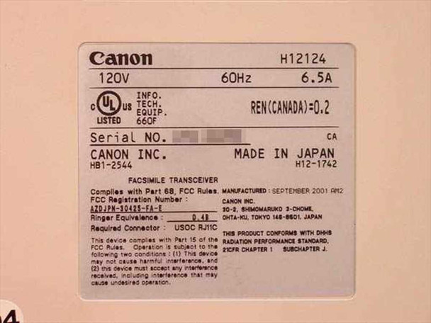 Canon Laser Class 9000L rating plate — 120V 60Hz 6.5A, serial number, Made in Japan, manufactured September 2001