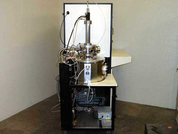 Bosch VS 18C sputtering system – rear/left side view showing vacuum chamber assembly with multiple KF/CF feedthrough ports on top and mechanical roughing pump underneath