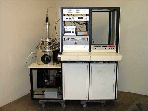 Bosch VS 18C Vertical Sputtering System – full front view showing vacuum chamber on cart table with instrument control rack and two white cabinet enclosures