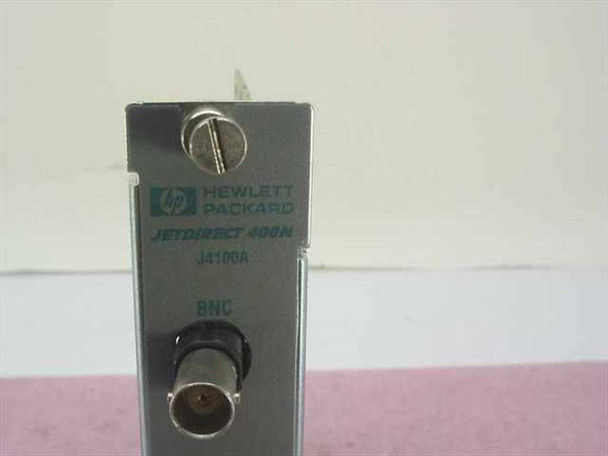 HP JetDirect 400N J4100A faceplate close-up showing Hewlett-Packard logo, JetDirect 400N label, J4100A model number, and BNC port