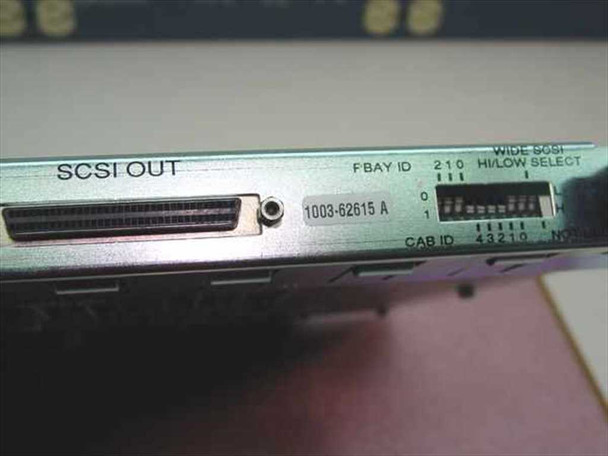 Sequent 1003-62615 A SCSI board faceplate – close-up of SCSI OUT port, part number label, F.BAY ID and CAB ID DIP switches, Wide SCSI HI/LOW SELECT