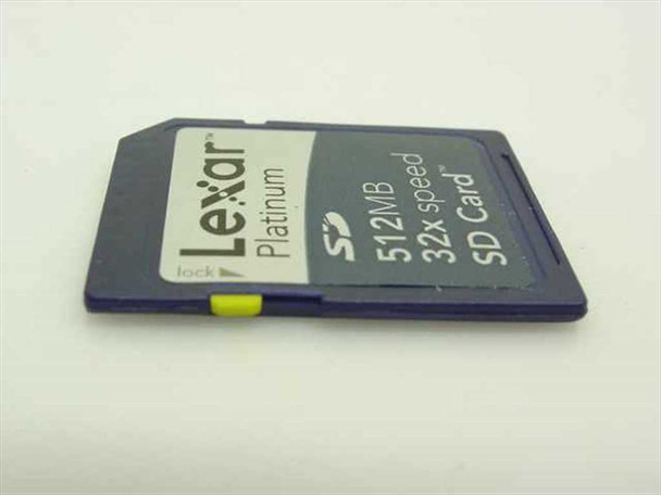 Lexar Platinum SD512-32 512MB 32x Speed SD Card – angled side view showing write-protect lock switch