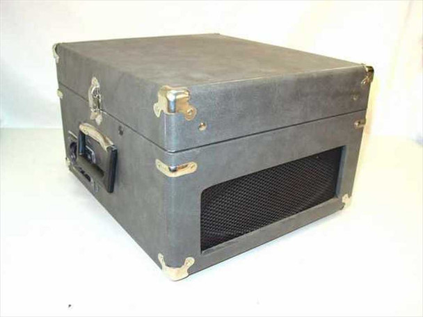 Califone 1010AV portable turntable closed in grey vinyl briefcase carry case with chrome corner guards and built-in speaker grille
