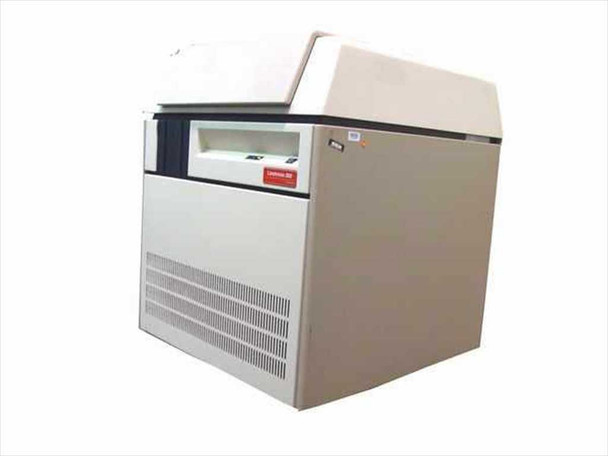 Linotype Linotronic 300 film imagesetter – right-side three-quarter view showing beige cabinet, top lid open, and front media slot