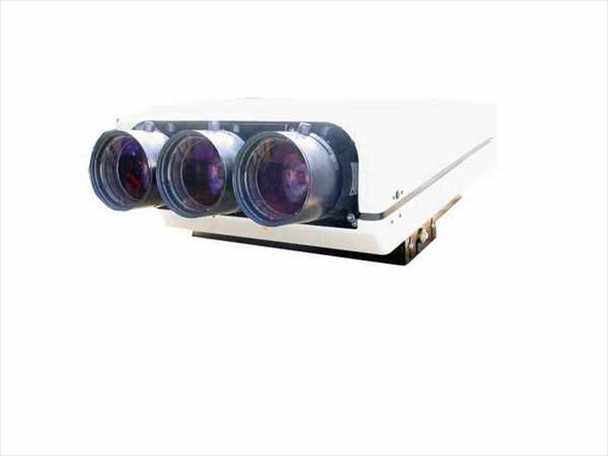 Ampro Corporation 69581 three-lens LCD video projector – front view showing three large lenses side by side on white housing