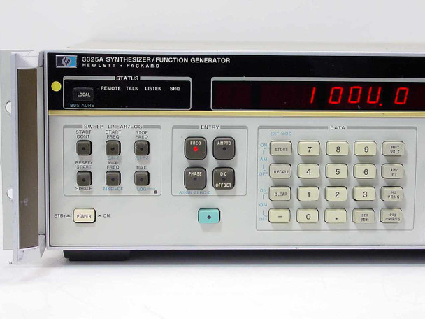 HP Hewlett-Packard 3325A Synthesizer Function Generator front panel with red LED display showing 100.0 and keypad controls