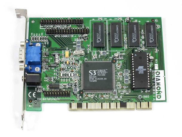 Diamond Stealth 3D 2000 PCB front showing S3 ViRGE On Board chip, Feature Connector, MPEG Connector, and Diamond branding