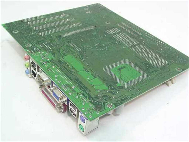 Intel AA A51507-804 Socket PGA 370 motherboard rear/bottom angle showing back I/O panel with parallel, USB, PS/2, serial, VGA, and audio connectors
