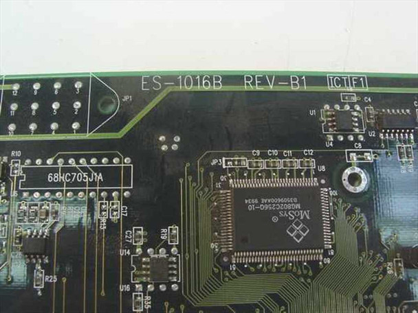 Zyxel ES-1016B Rev B1 PCB close-up showing board label, MoSys chip markings, and 68HC705J1A microcontroller