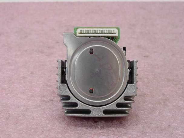 Panasonic KX-P1150 dot matrix printhead – bottom/face view showing circular print nose plate with two pin holes and white ribbon cable connector along top edge