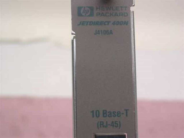 HP JetDirect 400N J4106A faceplate close-up — clearly showing Hewlett-Packard branding, model number, and 10 Base-T RJ-45 labeling