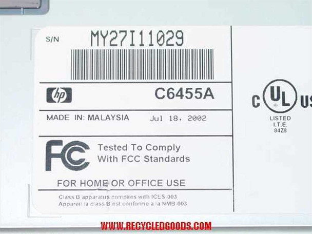 HP DeskJet 990Cxi C6455A – bottom label showing model C6455A, serial number MY27I11029, Made in Malaysia, July 18 2002