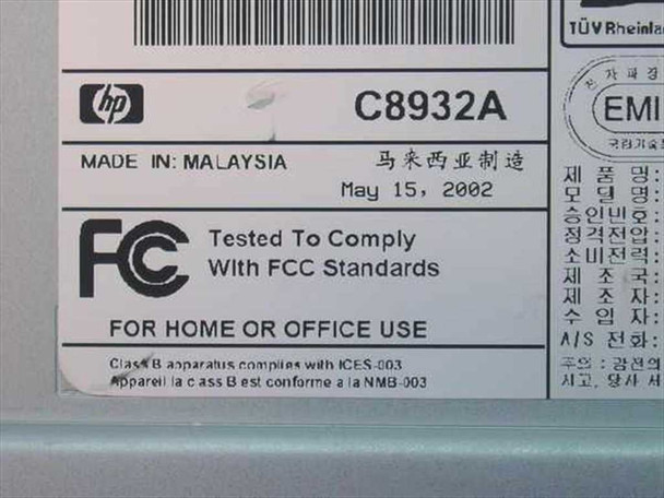 HP DeskJet 960C C8932A label – model number, Made in Malaysia May 15 2002, FCC certification