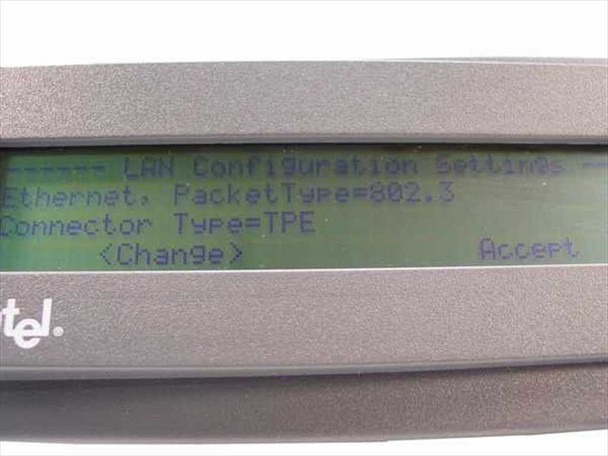 Intel StorageExpress LDS240208E LCD display powered on showing LAN Configuration Settings — Ethernet PacketType 802.3, Connector Type TPE
