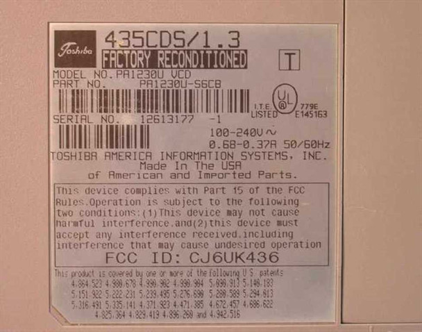 Toshiba Satellite Pro 435CDS bottom label — model 435CDS/1.3, part no. PA1230U-S6CB, Factory Reconditioned, 100-240V AC input, FCC ID CJ6UK436