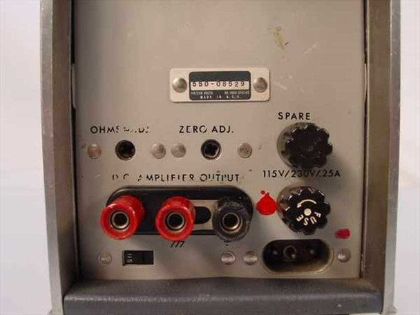HP 410C Voltmeter rear panel detail — part number label 550-08529, Ohms Adj and Zero Adj trimmers, DC Amplifier Output binding posts, 115V/230V IEC power inlet, and Spare knob