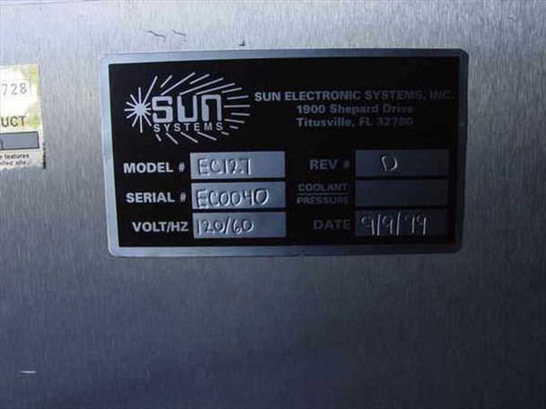Sun Systems EC127 – nameplate label showing Model EC127, Rev O, Serial EC0040, Volt/Hz 120/60, Date 9/9/99, manufactured by Sun Electronic Systems Inc., Titusville FL