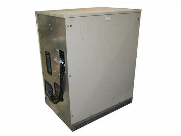 MGE EPE EPS-2101/44.66 UPS rear/side view — gray sheet metal enclosure with power cable exiting bottom
