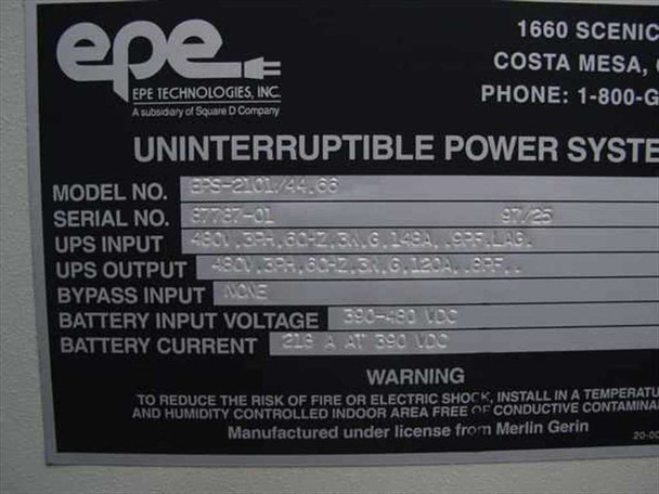 EPE Technologies EPS-2101/44.66 nameplate — 125KVA, 480V 3-Phase 60Hz input/output specs, battery input 390-480 VDC, manufactured 1997 under license from Merlin Gerin