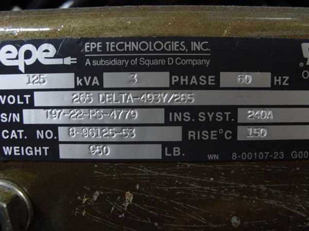 EPE Technologies transformer nameplate — 125 kVA, 3-Phase, 60Hz, 265 Delta-493Y/285V, Cat. No. 8-96125-53, 950 lb, Rise 150°C