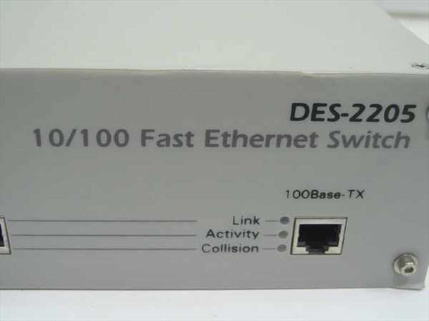 D-Link DES-2205 – right-side front panel close-up showing 100Base-TX RJ-45 uplink port with Link, Activity, and Collision LEDs