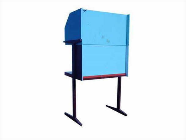 Micro Air MAA-40 ventilated workstation side view — blue painted steel enclosure on black freestanding metal stand legs