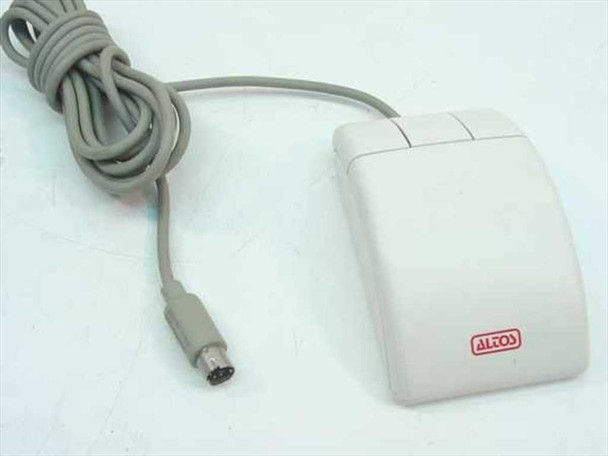 Logitech CA-93-6MD three-button PS/2 mouse — top view showing two buttons, beige body with Altos logo, and coiled PS/2 cable