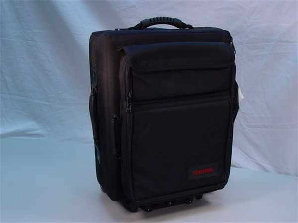 Toshiba TCC-101 wheeled soft laptop travel case – front view showing Toshiba logo, skate wheels, and multiple zippered pockets