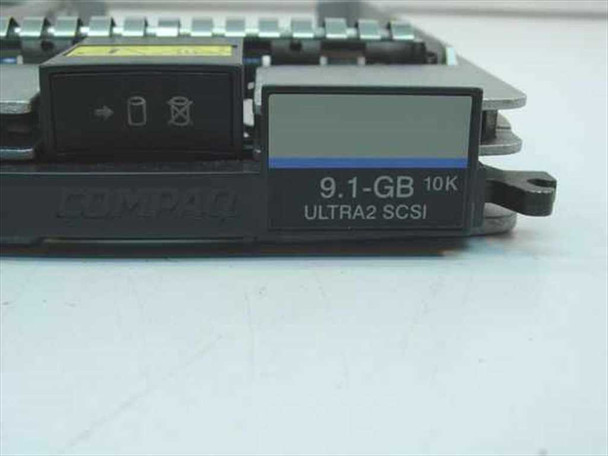 Compaq 386536-001 close-up of drive label showing 9.1GB 10K Ultra2 SCSI designation and Compaq branding