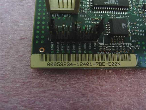 Dell 59234-12401 system board close-up of edge label showing part number 00059234-12401-7BE-E00N and CPU frequency jumper block with 233 MHz, 266 MHz, and 300 MHz settings
