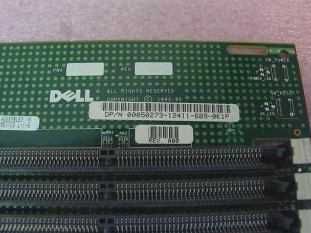 Dell OptiPlex GXM motherboard label showing full part number DP/N 00050273-12411-689-0K1P, Rev A00, Copyright 1995-96, assembled in Mexico