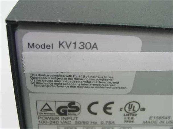 Black Box KV130A label showing model number, power input 100-240V AC 50/60Hz 0.75A, UL, CE, GS certifications, Made in USA