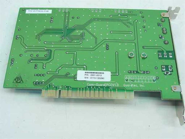 Guardtec Com-Guard PCI V1.0 Card 2301-0012 – rear PCB view showing P/N 2301-0012 label, S/N 0110-120290, FCC ID E1PTKCG-P100 sticker, and PCI edge connector
