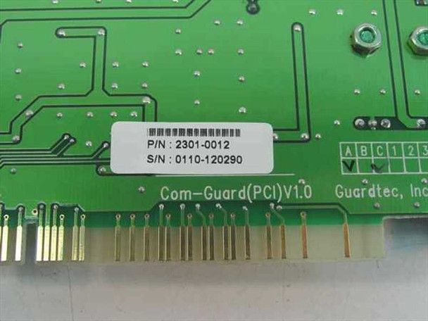 Guardtec Com-Guard PCI V1.0 Card 2301-0012 – close-up of label showing P/N 2301-0012, S/N 0110-120290, Com-Guard(PCI) V1.0, and Guardtec Inc. silkscreen