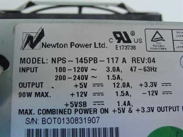 Newton Power Ltd. NPS-145PB-117A Rev 04 label showing input 100-120V / 200-240V, output voltages, and UL/TUV certifications