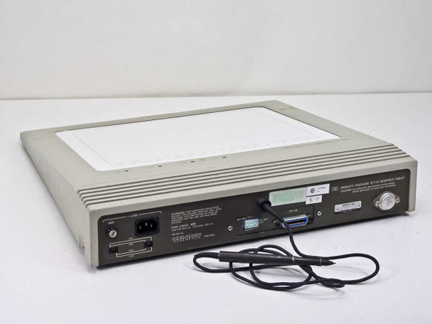 HP 9111A Graphics Tablet — rear panel view showing HP-IB 24-pin Amphenol connector, IEC C13 AC power inlet, voltage selector, and tethered stylus cable