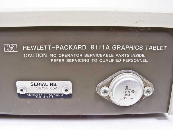 HP 9111A Graphics Tablet bottom label — Hewlett-Packard logo, model designation, serial number plate (2435A16527), and fuse holder visible