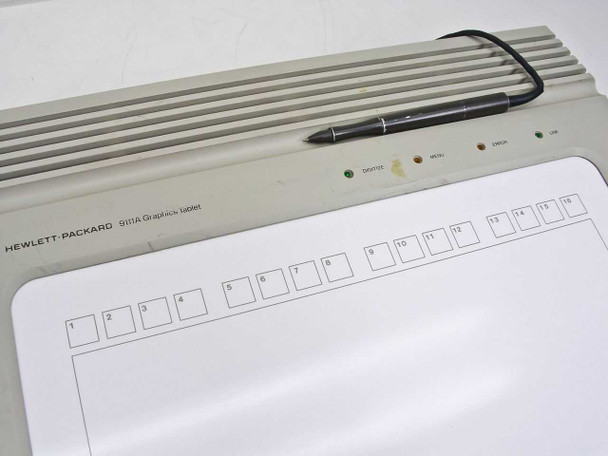 HP 9111A Graphics Tablet — front three-quarter view showing full 16-button function key overlay along bottom of drawing surface and tethered stylus on top