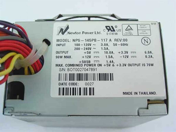 Gateway 6500505 NPS-145PB-117A Newton Power label showing model, revision, input/output specs and date code