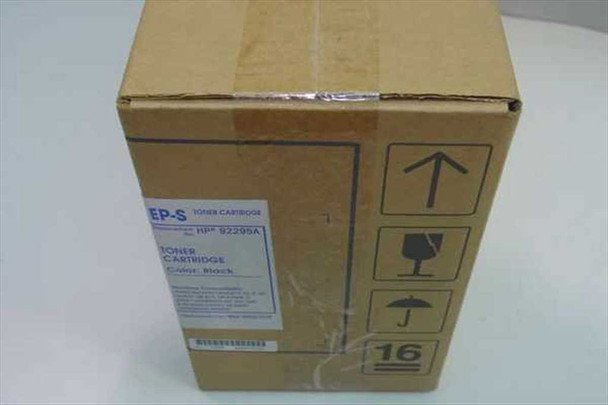EP-S 92295A black toner cartridge box rear view showing fragile and upright shipping indicators