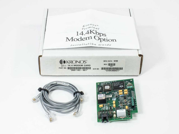 Kronos 8601183-001 14.4Kbps Modem Card shown with original Kronos box, included cable, and modem PCB