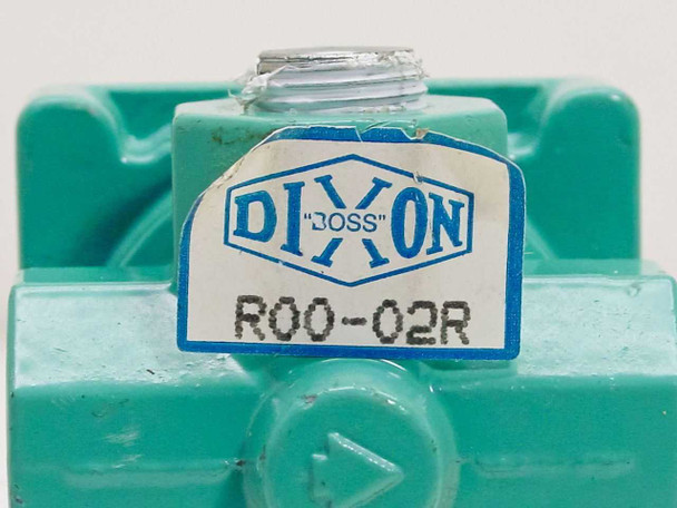 Close-up of Dixon Joss R00-02R model label on teal regulator body