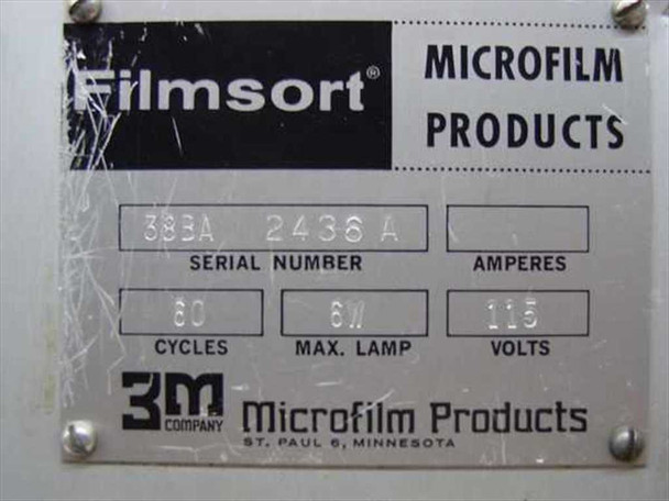 3M Filmsort Microfilm Products rating plate showing serial number 383A 2436A, 60 cycles, 6W max lamp, 115 volts, manufactured by 3M Company, St. Paul, Minnesota