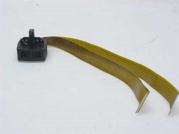 Panasonic KX-P1124 dot matrix printhead with two gold flat ribbon cables extended against white background