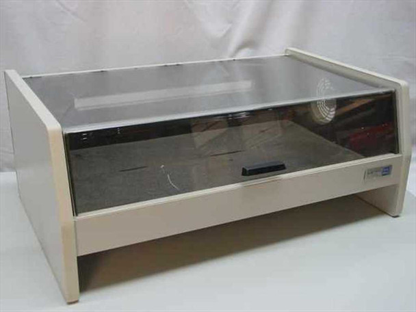 Ring King 7510X Quiet Print acoustic printer enclosure — front three-quarter view with smoked acrylic lid closed, cream housing, dark foam interior visible through lid