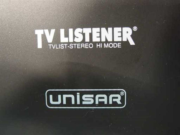 Close-up of Unisar TV Listener TVLIST-STEREO HI MODE model name and Unisar brand logo on transmitter base