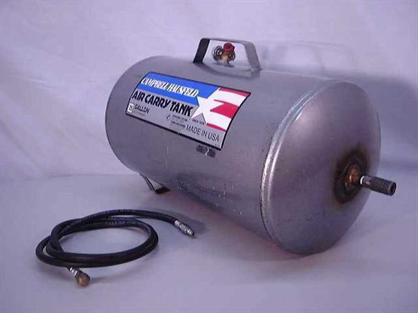 Campbell Hausfeld 11-Gallon Air Carry Tank front view with label, pressure gauge, air chuck, and 6-foot hose laid alongside