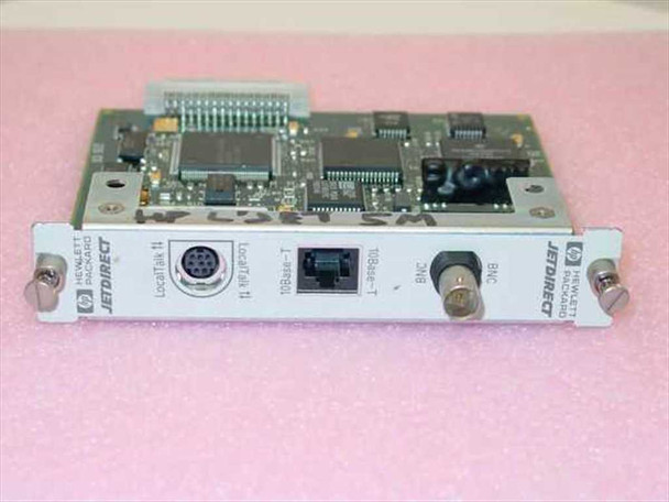 HP J2552-60003 JetDirect card faceplate — showing LocalTalk II DIN-8 port, 10Base-T RJ-45 port, and BNC 10Base-2 connector with JetDirect label